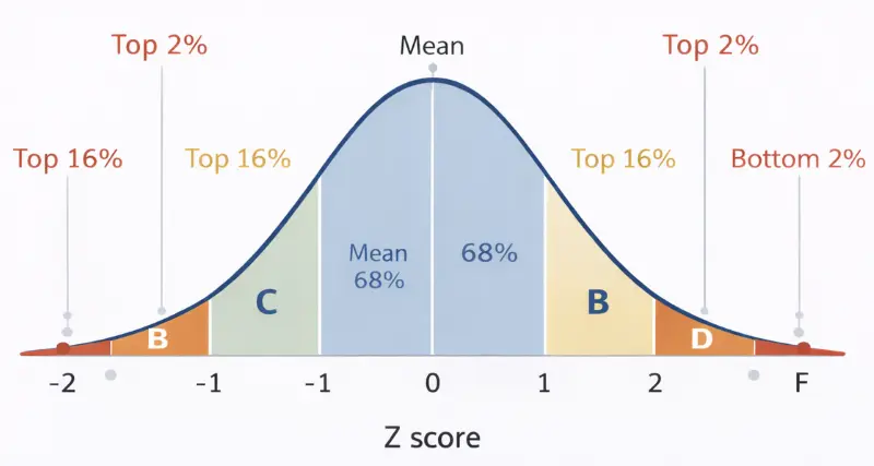 Standard Normal Distribution (Bell Curve) diagram showing Z-scores and corresponding letter grades (A, B, C, D, F)