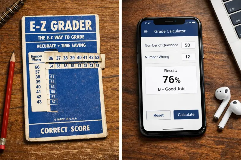 Comparison between an old-school cardboard grading slider and a modern online grade calculator