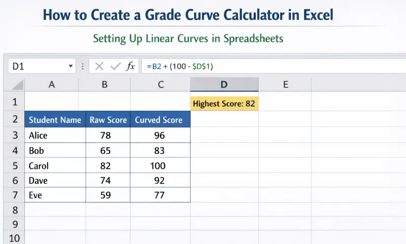 Screenshot showing how to create a grade curve calculator in Excel with formulas and data