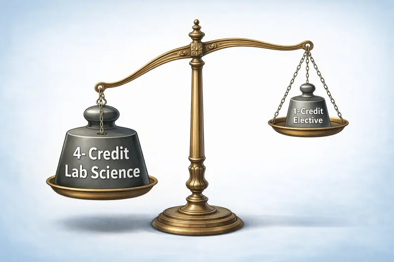 A balance scale showing that a 4-credit class is much heavier and has more impact than a 1-credit class