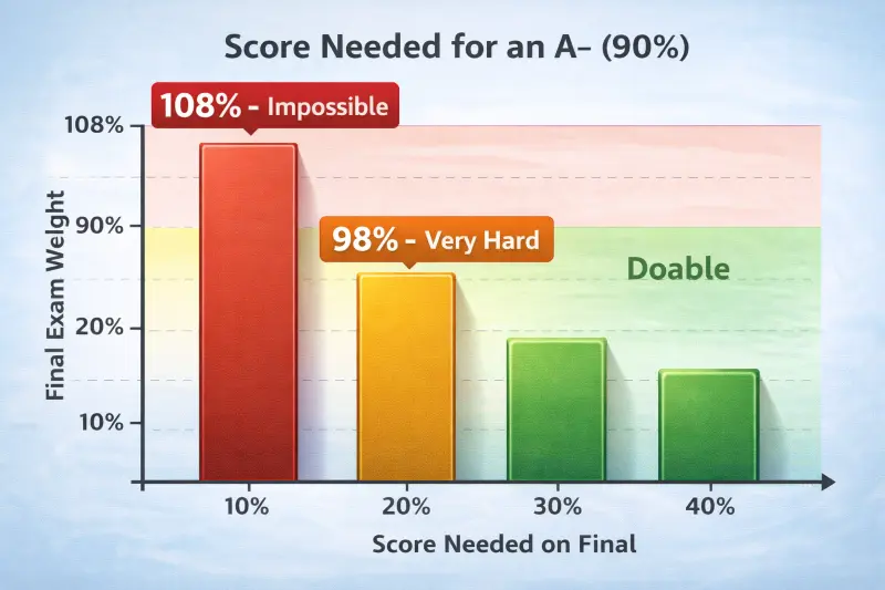 Bar chart showing that if a final exam has low weight, it is mathematically impossible to raise your grade significantly