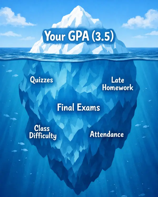 Illustration of an iceberg showing GPA is made of many small assignments
