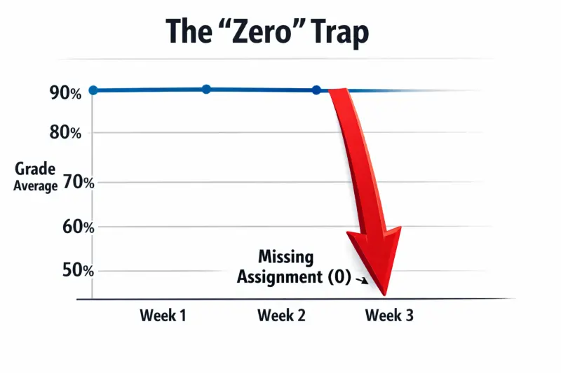 Line graph showing how a single zero grade causes a massive drop in the overall grade average