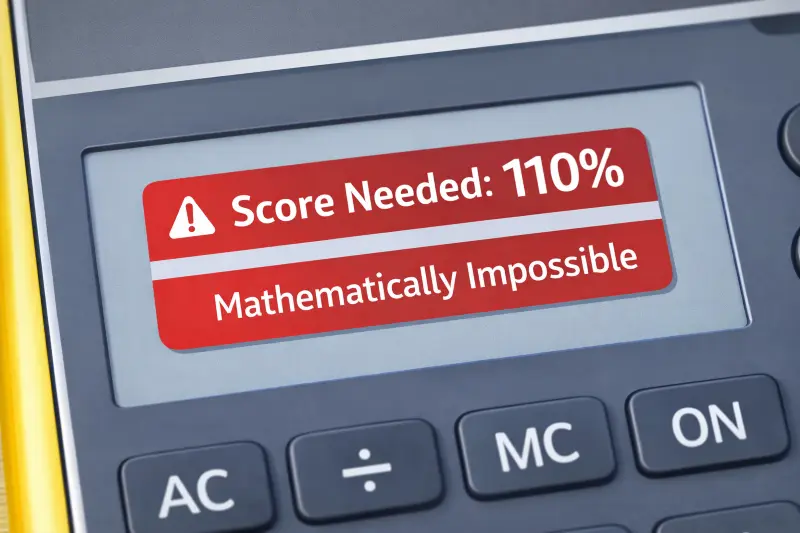 Calculator display showing a requirement of 110% on a final exam, indicating the goal is impossible