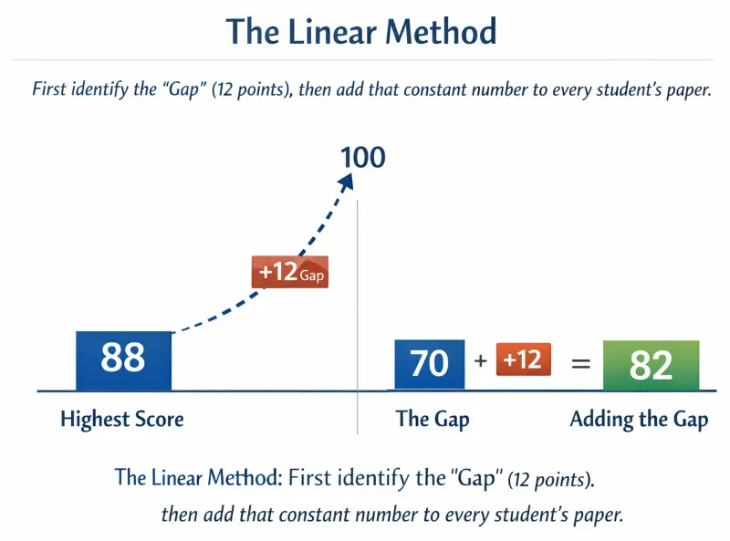 Infographic showing the linear grading method: calculating the 12-point gap between the highest score (88) and 100, then adding it to a lower score