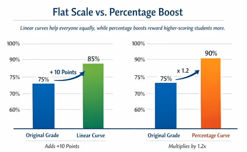 Bar chart illustrating the difference between adding flat points (Linear) and multiplying by a factor (Percentage) on student grades