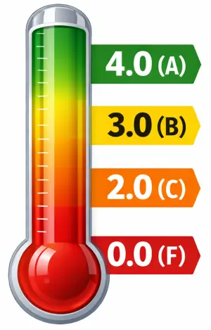 Visual scale converting percentages to GPA points, from 4.0 down to 0.0