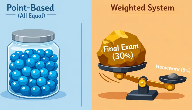 Illustration comparing a point-based system where all assignments are equal versus a weighted system where exams are heavier