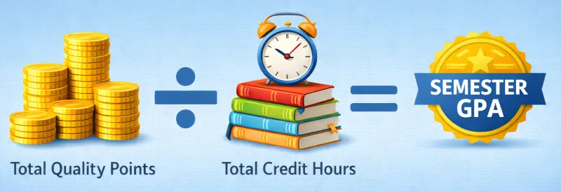 Visual math formula showing Total Quality Points divided by Total Credit Hours equals Semester GPA