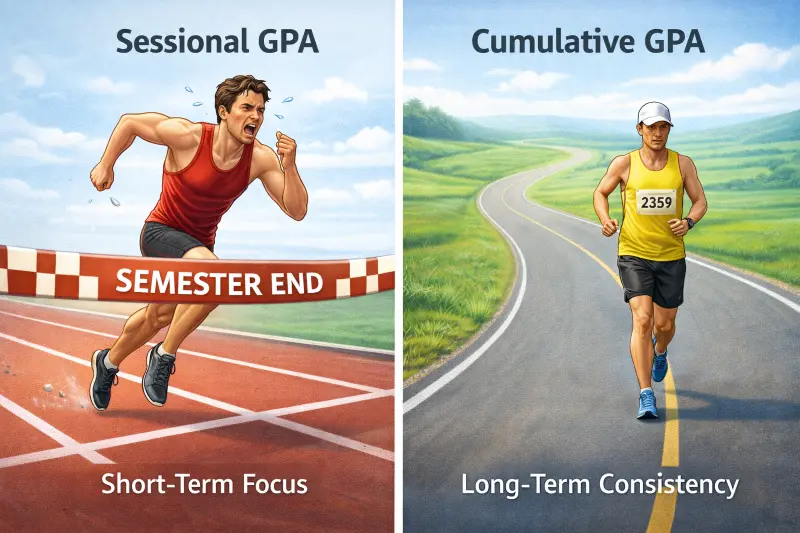Comparison illustration showing Sessional GPA as a short sprint and Cumulative GPA as a long marathon