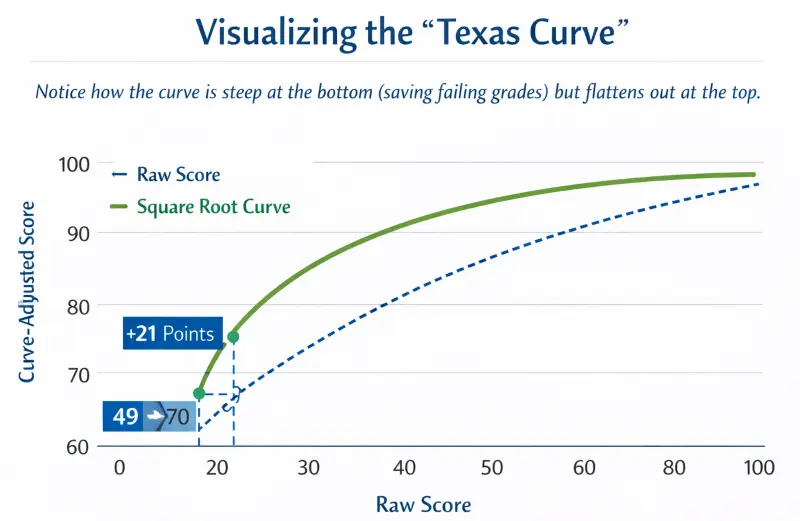 Line graph illustrating the 'Texas Curve' effect, where a raw score of 49 boosts significantly to 70, while high scores see minimal change