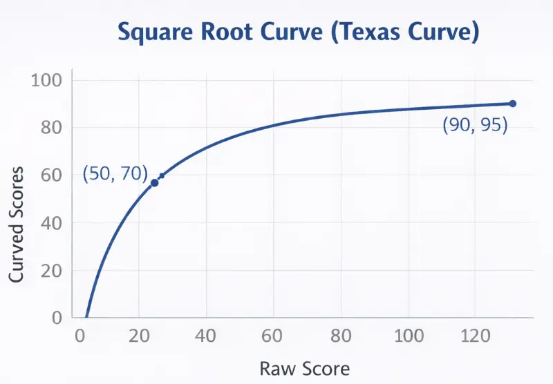 Graph comparing Raw Scores vs Curved Scores using the Square Root method (Texas Curve), showing a steeper curve for lower grades