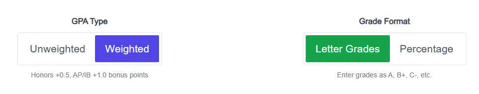 Screenshot showing GPA type and grade format selection options