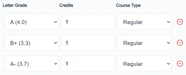 Screenshot showing grade selection, credits input, and course type options