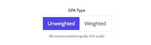 A website toggle switch allowing users to choose between unweighted and weighted GPA grading scales