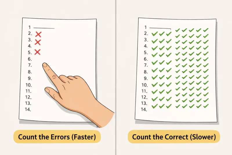 Illustration showing that counting wrong answers is faster than counting correct answers on a large test