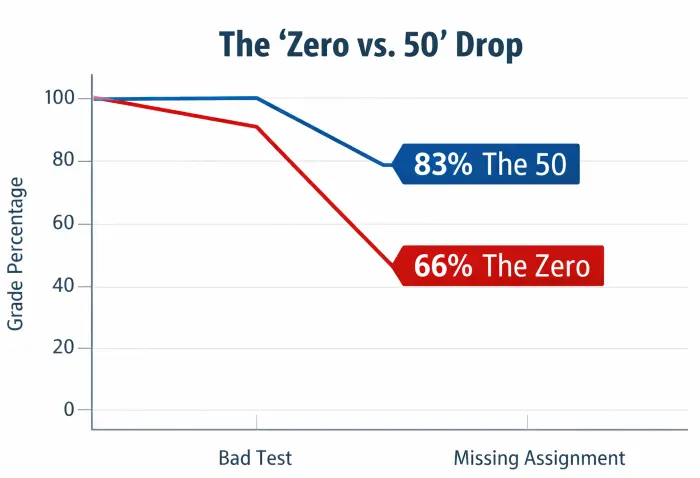 Graph showing that a zero grade hurts a GPA significantly more than a partial grade of 50%